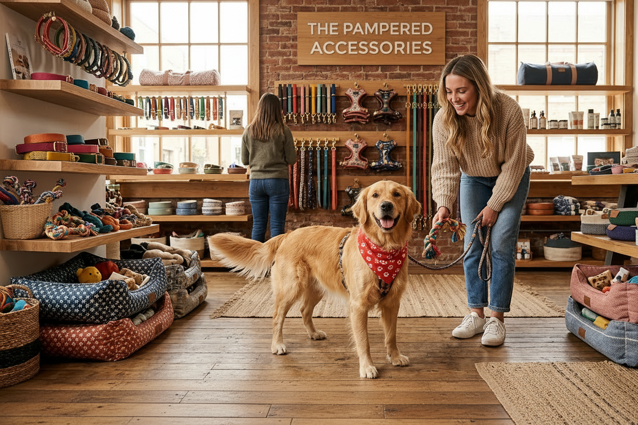 A golden retriever wearing a patterned harness stands in a cozy pet store with a woman holding its leash nearby. Shelves and racks display pet accessories, beds, and toys in a warmly lit shop with a brick wall and a sign reading 'PREMIUM PET ACCESSORIES'.