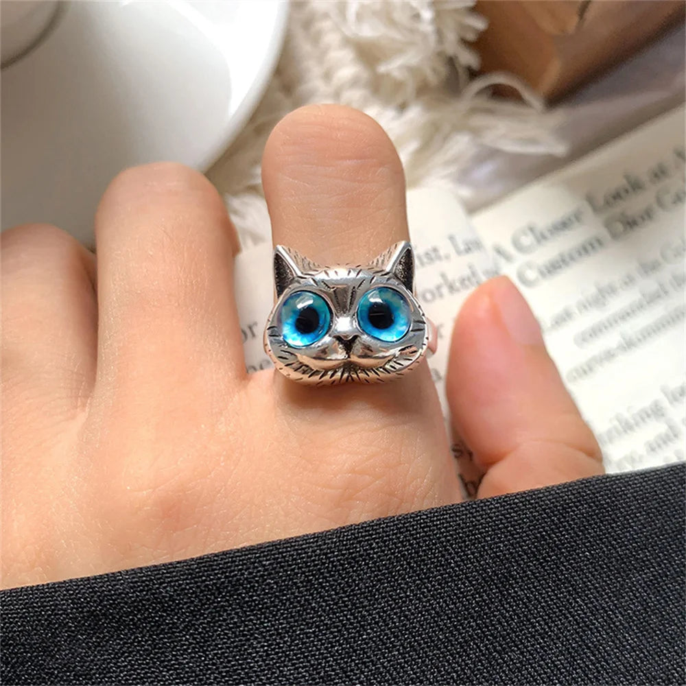 Cute Silver Color Alloy Cat Ring Fashionable Cat Eye Opening Adjustable Ring For Women Trendy Jewelry Accessories Gift